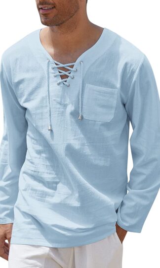 COOFANDY Mens Cotton Linen Shirts Lace Up Casual Beach Hippie Tee Shirts V Neck
