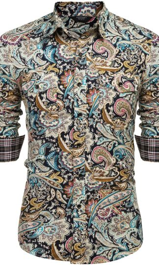 COOFANDY Men's Floral Dress Shirt Slim Fit Casual Paisley Printed Shirt Long Sleeve Button Down Shirts