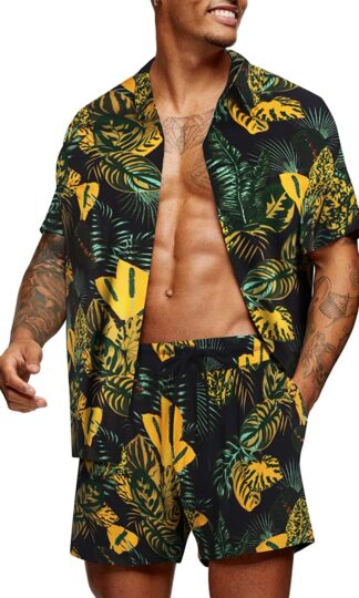 COOFANDY Men's Flower Shirt Hawaiian Sets Casual Button Down Short Sleeve Shirt