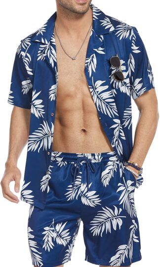 COOFANDY Men's Hawaiian Sets Casual Button Down 2 Piece Suit Floral Pattern Printed Summer Shirt for Vacation