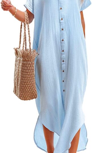 Dokotoo Womens Casual Short Sleeve Side Split Button Down Long Kimonos Cardigans Swimsuit Cover Ups