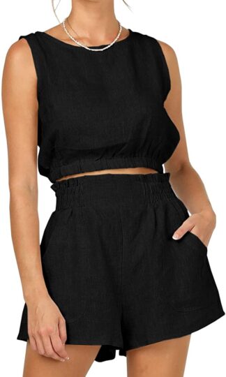 Eurivicy Women's 2 Piece Outfits Sleeveless Crop Tank Top and High Waist Pocketed Shorts Loose Summer 2pcs Short Sets
