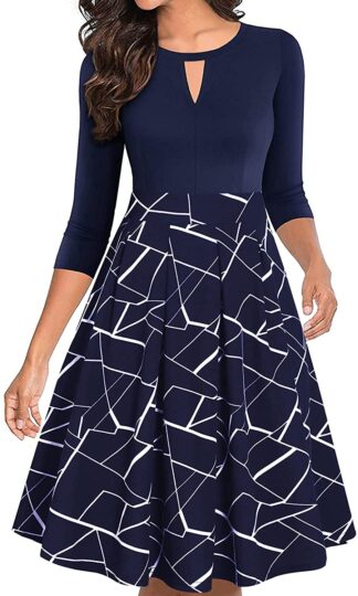 IHOT Women's Vintage Floral Flared A-Line Swing Casual Party Dresses with Pockets