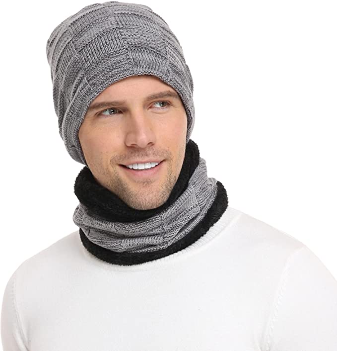 Mens Winter Beanie Hats Scarf Set Warm Knit Hats Skull Cap Neck Warmer with Thick Fleece Lined Winter Hat & Scarf for Women