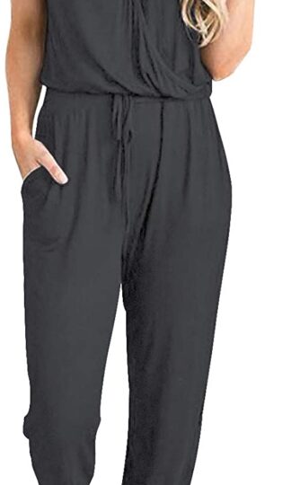 PRETTYGARDEN Women's Summer Casual Deep V Neck Short Sleeve Wrap Drawstring Waist Jumpsuit Romper